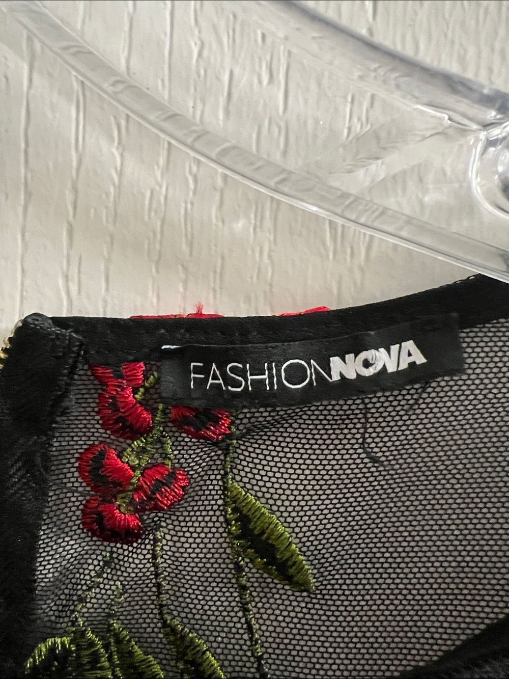 Fashion Nova Black Sheer Floral Embroidered Crop Top with Red & Pink Flowers - Picture 2 of 3